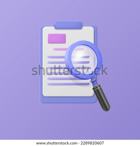 3D magnifying glass and document. Research list. Business data check. Text content in database. Office page and magnifier. Paper media. Monitoring or searching. Vector graphic icon