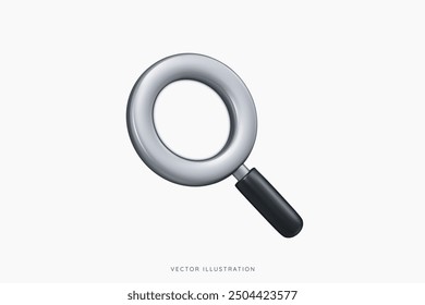 3D Magnifying glass emoji icon. Web search and analysis concept. Find information. Black with metallic grey color. Minimal transparent loupe. Cartoon design object. 3D Vector Illustration