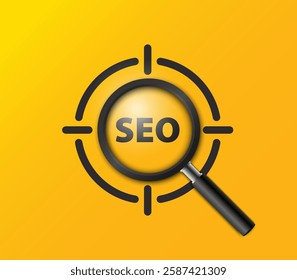 3D Magnifying glass focus on Search engine optimization (SEO) concepts isolated on a yellow background. Searching information data on internet networking concept. Vector illustration of loupe.