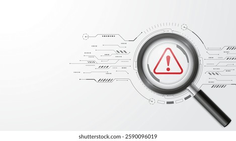 3D Magnifying glass focus red caution warning sign on circuit background.  Used for Notifying Flaws, and Errors. Vector illustration.