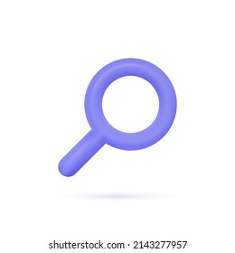3d magnifying glass icon in minimalistic cartoon style. purple is an optical tool for finding details and reading fine print. vector illustration isolated on white background