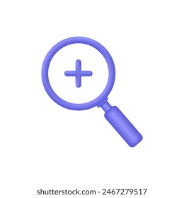 3D Magnifying glass icon with plus mark. Trendy and modern vector in 3d style