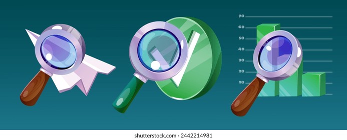 3D magnifying glass icons set isolated on background. Vector cartoon illustration of paper plane message icon, green tick, statistics diagram seen through magnifier lens, website ui design elements