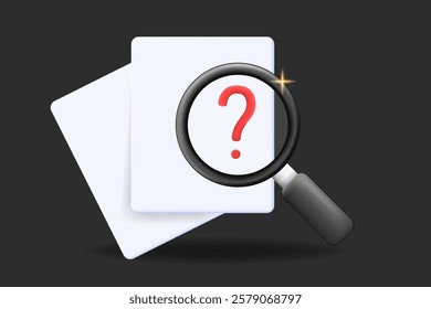 3D Magnifying glass over documents with a question mark, search, 
concept investigation, or research. SEO, data analysis, audits, and problem-solving. Enhance discovery now. illustration vector