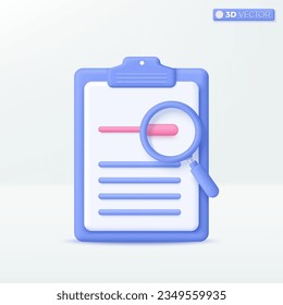 3D Magnifying glass with paper on clipboard icon symbol. Successfully complete business assignment, Research, Business data check concept. 3D vector isolated illustration, Cartoon pastel Minimal style