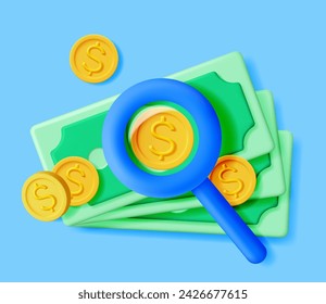 3D Magnifying Glass and Pile of Money. Render Concept of Business Growth or Start Up. Loupe with Gold Coins and Dollar Banknotes. Business Strategy, Achievement, Goal and Success. Vector Illustration