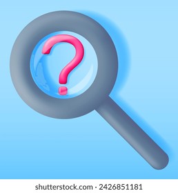 3D Magnifying Glass and Question Mark Isolated. Question Help Search. Render Plastic Cartoon Zoom Lens. Loupe Tool. Discovery, Analysis, Research, Investigation, Search Concept. Vector Illustration