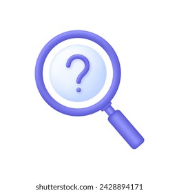 3D Magnifying glass with a question mark icon. Unknown or uncertain concept. Looking for information. Trendy and modern vector in 3d style