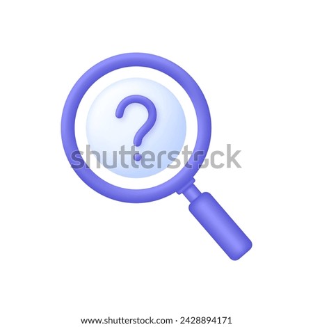 3D Magnifying glass with a question mark icon. Unknown or uncertain concept. Looking for information. Trendy and modern vector in 3d style