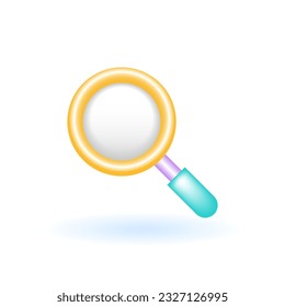 3D Magnifying Glass Search Analysis Icon. Marketing Online Shopping Concept. Glossy Glass Plastic Pastel Color. Cute Realistic Cartoon Minimal Style. 3D Render Vector Icon UX UI Isolated Illustration.