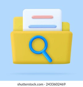 3d Magnifying glass and yellow folder with files. concept of document search. minimal design. 3d rendering. Vector illustration