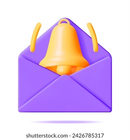 Sobre de correo 3D con notificación de campana Nuevo mensaje aislado. Icono de carta de papel púrpura con notificación de campana de oro. Correo electrónico nuevo o no leído. Mensaje, Contacto, Carta y Documento. Ilustración vectorial