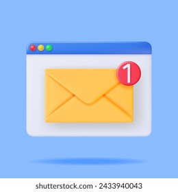 3D Mail Envelope with Document and Notification New Message Isolated. Paper Letter Icon with Notification Red Bubble. New or Unread Email. Message, Contact, Letter and Document. Vector Illustration