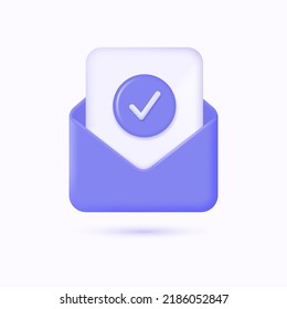 3d mail envelope with a file inside and a check mark icon in a realistic cartoon style. the concept of receiving approvals by email. vector illustration isolated on white background