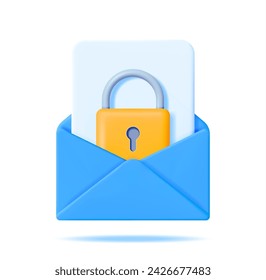 Sobre de correo 3D y archivo con candado aislado. Procesar correo electrónico con bloqueo de almohadilla adjunto. Protección de datos informáticos, seguridad y confidencialidad. Seguridad, cifrado y privacidad. Ilustración vectorial