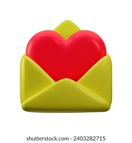 3D Mail Briefumschlag Symbol mit großem rotem Herzen. Offener Liebesbrief. Realistische Elemente für romantisches Design. Valentinstag Konzept. Vektorgrafik einzeln auf weißem Hintergrund