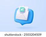 3d mail envelope icon with contact sheet on pastel background. Minimal email letter with letter paper read concept. 3d mail address with message icon vector render illustration