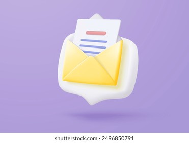 3d mail envelope icon with contact sheet on pastel background. Minimal email letter with letter paper read concept. 3d mail address with message icon vector render illustration