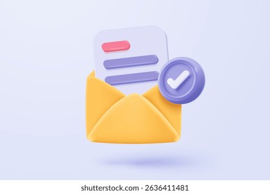 3d mail envelope icon with contact sheet on pastel background. Minimal email letter with letter paper read concept. 3d mail address with message icon vector render illustration