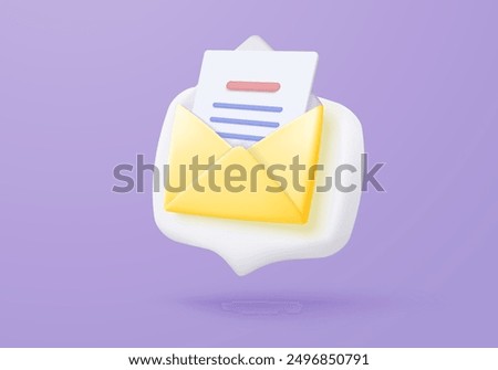 3d mail envelope icon with contact sheet on pastel background. Minimal email letter with letter paper read concept. 3d mail address with message icon vector render illustration