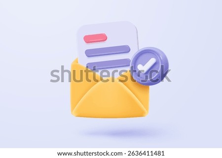 3d mail envelope icon with contact sheet on pastel background. Minimal email letter with letter paper read concept. 3d mail address with message icon vector render illustration