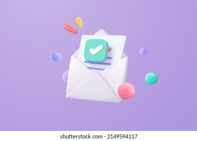3d mail envelope icon with notification new message on purple background. Minimal email letter with letter paper read icon. message concept 3d vector render isolated pastel background