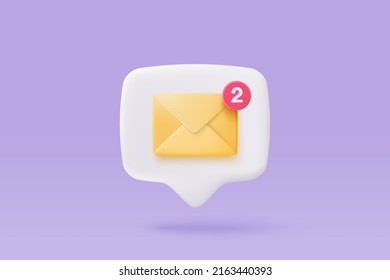 Icono de sobre de correo 3d con notificación de nuevo mensaje sobre fondo morado. Letra mínima por correo electrónico con icono de notificación de burbuja roja sin leer. concepto de mensaje 3d vector representar fondo pastel aislado