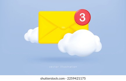 3d mail envelope icon with notification new message on blue sky cloud background. 3d envelope email letter with bubble unread icon. mail message concept 3d vector render isolated blue background