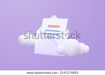 3d mail envelope icon with notification new message on blue sky cloud background. Minimal email letter with bubble unread icon. message concept 3d vector render isolated purple pastel background