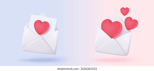 3d mail envelope icon with red heart notification new message. Minimal email letter with pop up speech icon. Happy valentine day message in love concept. 3d envelope vector icon render illustration