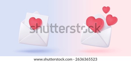 3d mail envelope icon with red heart notification new message. Minimal email letter with pop up speech icon. Happy valentine day message in love concept. 3d envelope vector icon render illustration