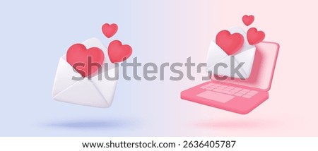 3d mail envelope icon with red heart notification new message. Minimal email letter with pop up speech icon on laptop. Happy valentine day message in love. 3d envelope vector icon render illustration