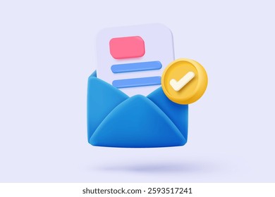 3d mail envelope icon signs with task management todo check list. Minimal email letter and paper read with notice check mark. 3d mail contract with message agree icon vector render illustration