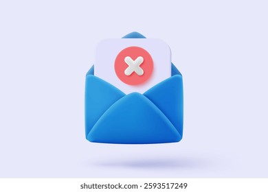 3d mail envelope icon signs with red rejected report. Minimal email letter and paper read with notice error check mark. 3d mail problem with message wrong icon vector render illustration