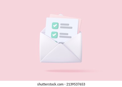 3d mail envelope icon with task management todo check list on pink background. Minimal email letter with letter paper read, assignment and exam. message concept 3d vector render isolated background