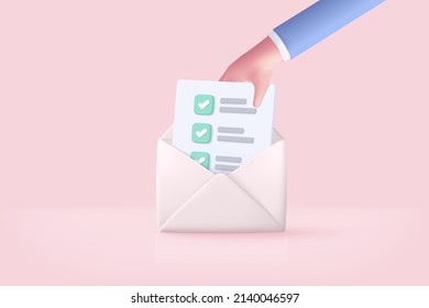 3d mail envelope icon with task management todo check list in hand holding. Minimal email letter with letter paper read, assignment and exam. message concept 3d vector render isolated pink background