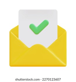 3d mail envelope with letter and check mark icon vector. Isolated on white background. 3d signed deal contract, approvement concept. Cartoon minimal style. 3d email icon vector render illustration.