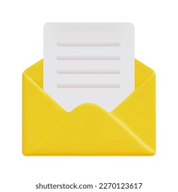 3d mail envelope with letter icon vector. Isolated on white background. 3d open email concept. Minimal email letter with letter paper read icon . 3d email icon vector render illustration.