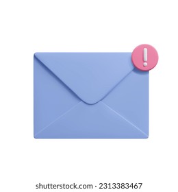 3D mail envelope new message notification design element isolated on white. Cute cartoon style purple mail envelope with exclamation point marker note sign.