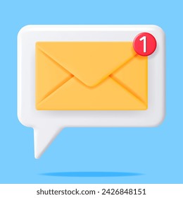 3D Mail Envelope with Notification New Message Isolated. Paper Letter Icon with Notification Red Bubble. New or Unread Email. Message, Contact, Letter and Document. Vector Illustration