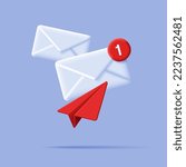 3D Mail Envelope and Paper Plane and Notification Message red circle. 3d render composition