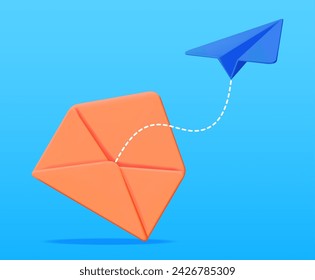 3D Mail Envelope and Paper Plane Isolated. Paper Letter and Origami Airplane. New or Unread Email. Message, Contact Letter and Document. Social Media and Online Messaging. Vector Illustration