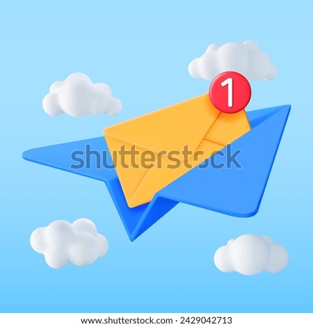 3D Mail Envelope in Paper Plane and Notification Message in Clouds. Paper Letter with Notification Bubble and Airplane. New or Unread Email. Message, Contact, Letter and Document. Vector Illustration