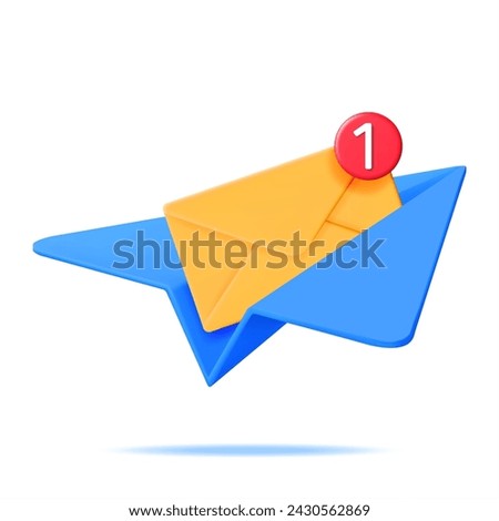 3D Mail Envelope in Paper Plane and Notification Message. Paper Letter Icon with Notification Red Bubble and Airplane. New or Unread Email. Message, Contact, Letter and Document. Vector Illustration