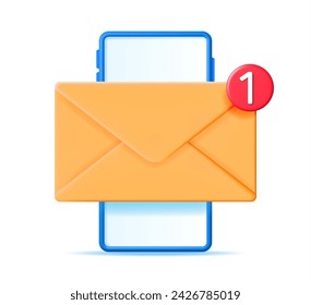 3D Mail Envelope and Smartphone Isolated. Yellow Paper Letter Icon with Notification Red Bubble at Mobile Phone. New or Unread Email. Message, Contact, Letter and Document. Vector Illustration