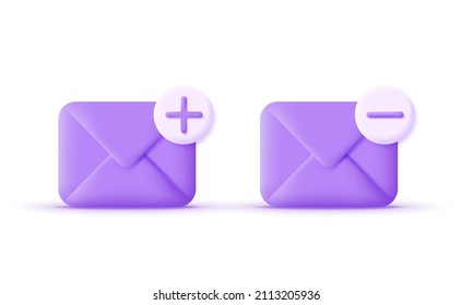 3d mail envelopes and plus, minus isolated on white background. Adding mail symbol and diminution mail symbol. Trendy and modern vector in 3d style.
