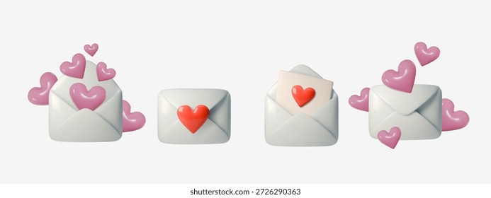 3D mail icon set with love themed envelopes, heart decorations, and romantic greeting cards. Perfect for Valentine's Day messages and digital communication designs.