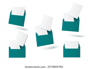 3D mail icons set isolated on white with shadows. Vector realistic illustration of open green envelopes with blank letter sheets, greeting card mockups, business message notification, email symbols