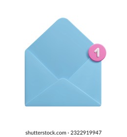 sobre de carta de correo 3D con una nueva notificación de mensaje. Estilo de dibujos animados 3D sobre de correo abierto azul con 1 símbolo de notificación símbolo símbolo de ilustración vectorial aislado en fondo blanco.
