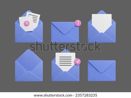 3D mail letter envelopes icon set vector illustration. Cute cartoon style purple 3D email: open and closed, with white paper letters inside and new message notification signs. Mailbox collection.